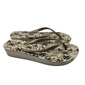 Havaianas copacabana wedge slip on thong flip flop gold print sandals size 6